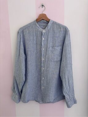 Muji Light Blue Linen standup Collar Button-Up Shirt